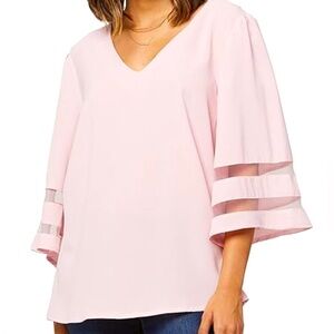 NO BRAND SHOWN size XL, pink, 3/4 length bell sleeves, v-neck blouse.